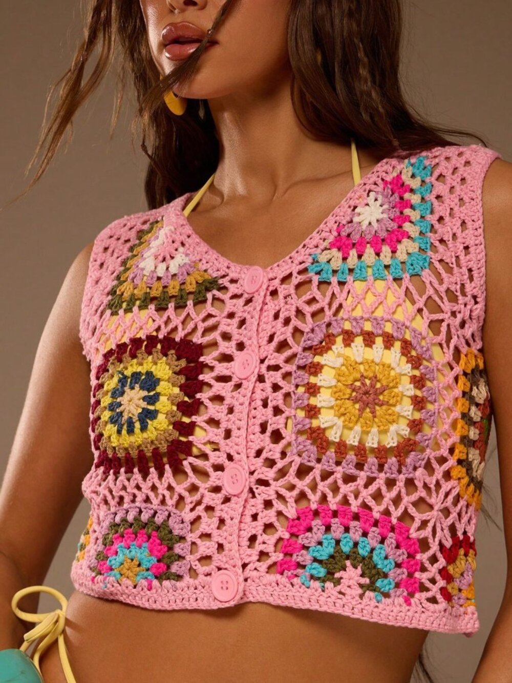 Multicolor Crochet Women's Vest Cover Up Sleeveless Top - Picture 2 of 6